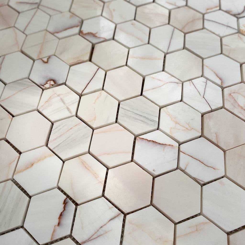 Calacatta Pink Polished Hexagon Marble Mosaic Tiles - Emperor Marble