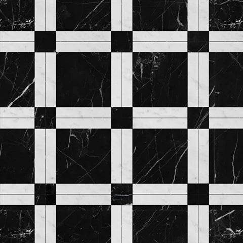 Carrara White Nero Marquina Tumbled Strip Fitz 650x650x12mm Marble Tiles - Emperor Marble