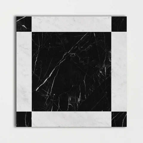 Carrara White Nero Marquina Tumbled Strip Fitz 650x650x12mm Marble Tiles - Emperor Marble