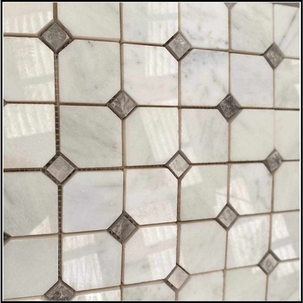Octagon White Carrara Marble Mosaic Tile Grey Dots 50x50x10mm - Emperor Marble