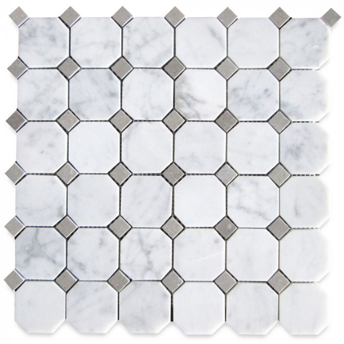 Octagon White Carrara Marble Mosaic Tile Grey Dots 50x50x10mm - Emperor Marble