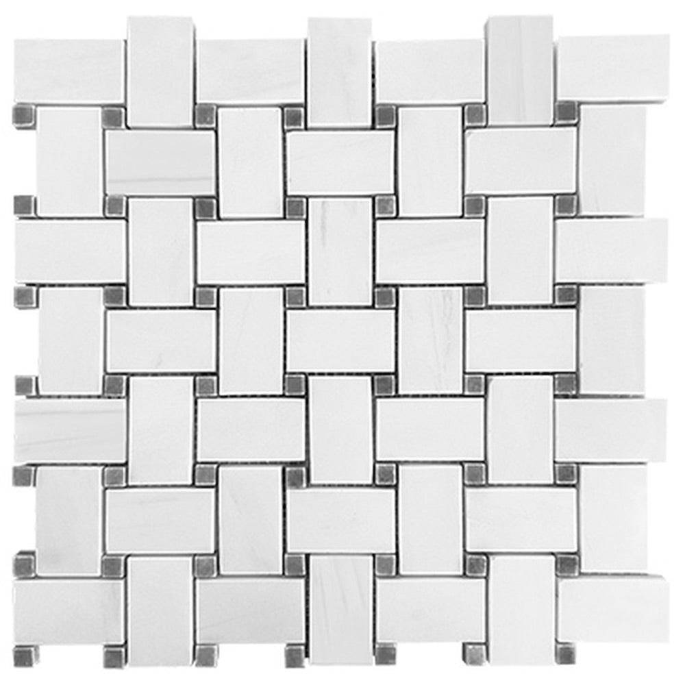 Basket Weave Polished Marble Mosaic Thassos Marble With Gray Dots - Emperor Marble