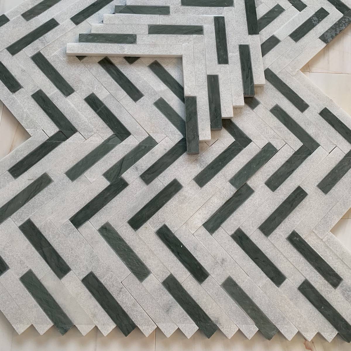 Bianco Sivec Verde Green Marble Herringbone Marble Mosaic Tiles - Emperor Marble