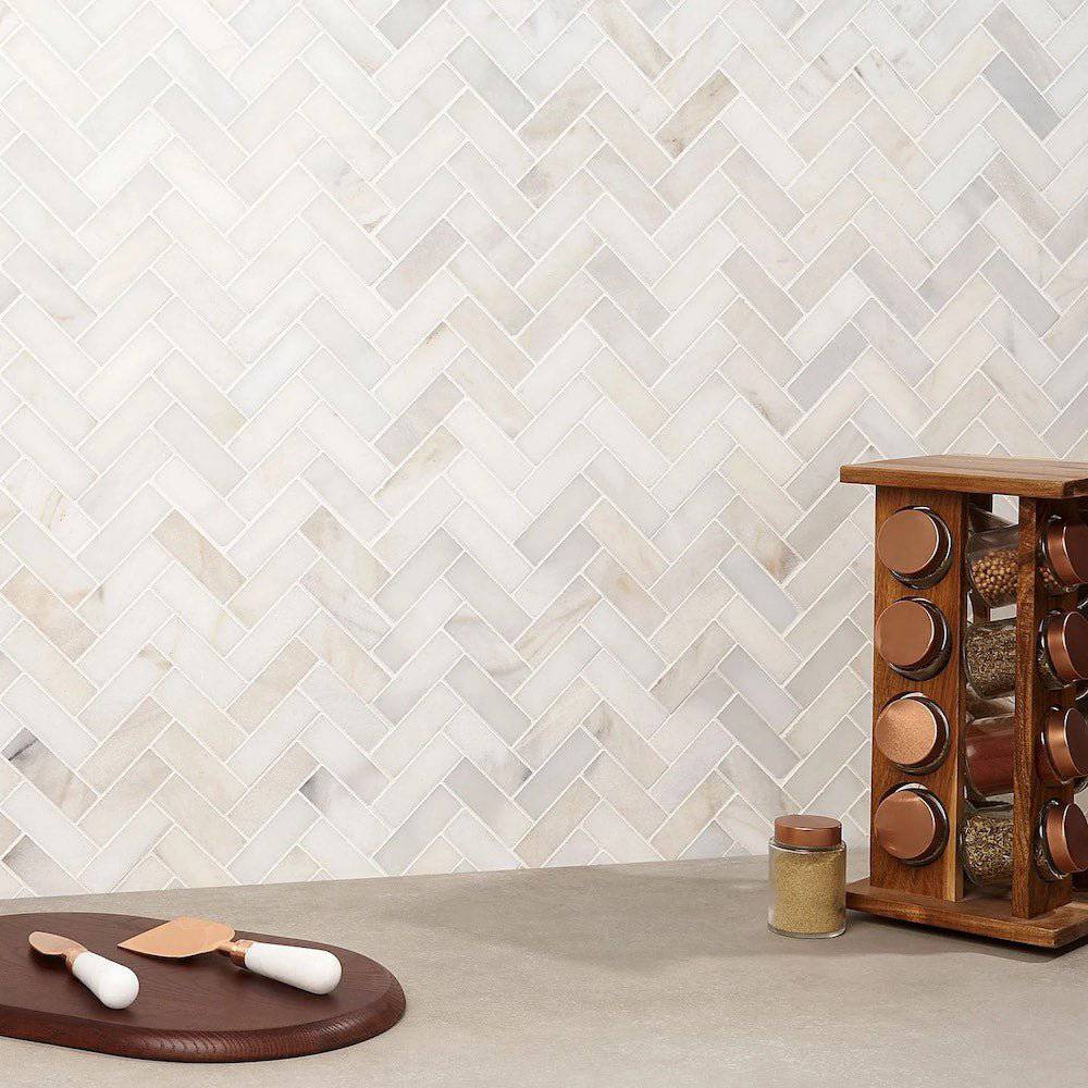 Calacatta Amber Honed Herringbone Marble Mosaic Tiles - Emperor Marble