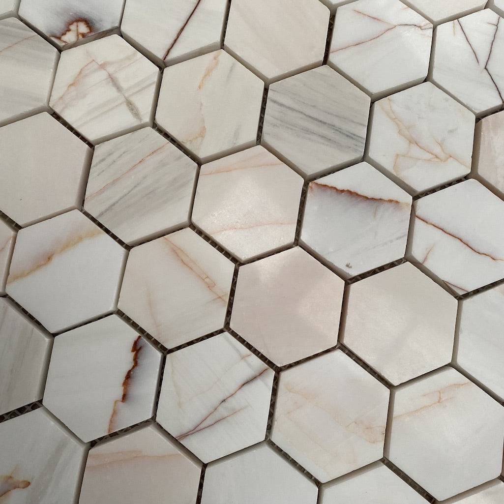 Calacatta Pink Polished Hexagon Marble Mosaic Tiles - Emperor Marble