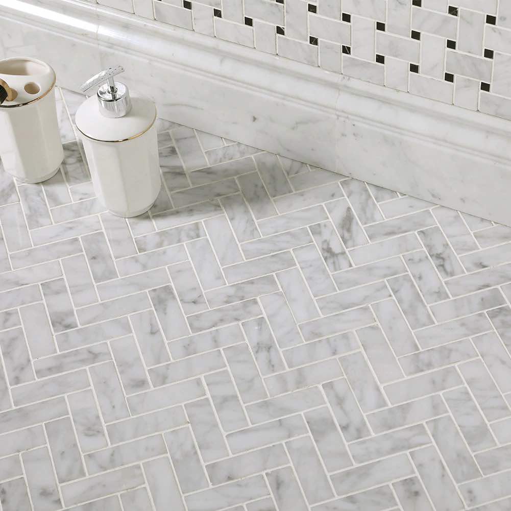 Carrara Marble Honed Herringbone Mosaic Tiles 25x75mm - Emperor Marble