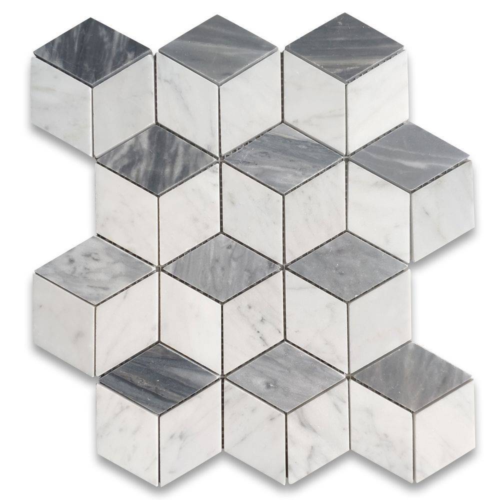Carrara T Grooved Marble 3D Cube Marble Mosaic Tiles - Emperor Marble