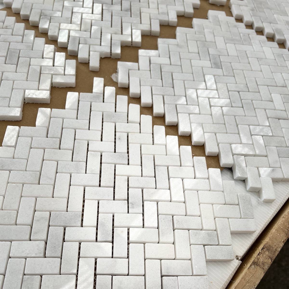 Carrara T Polished Mini Herringbone Marble Mosaic Tile - Emperor Marble