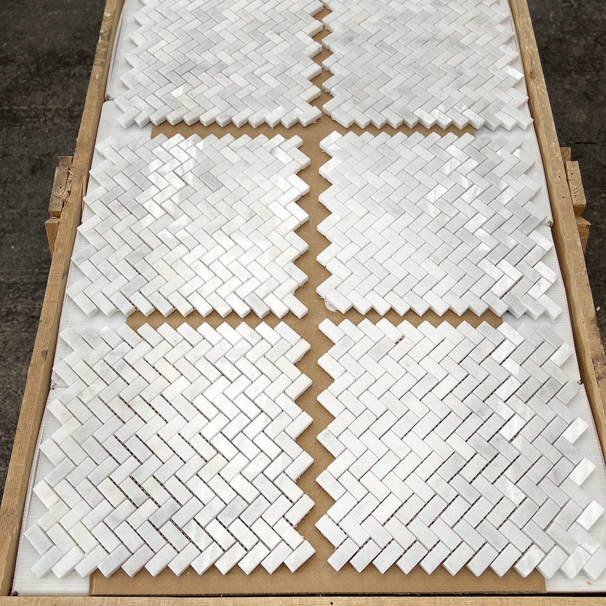 Carrara T Polished Mini Herringbone Marble Mosaic Tile - Emperor Marble