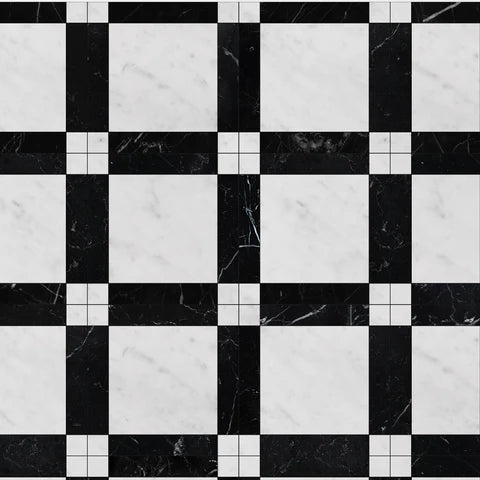 Carrara White Nero Marquina Tumbled Strip Fitz 650x650x12mm Marble Tiles - Emperor Marble