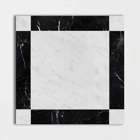 Carrara White Nero Marquina Tumbled Strip Fitz 650x650x12mm Marble Tiles - Emperor Marble