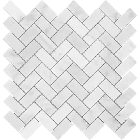 Carrara White Polished 25x50x10mm Herringbone Mosaic Marble Tiles - Emperor Marble