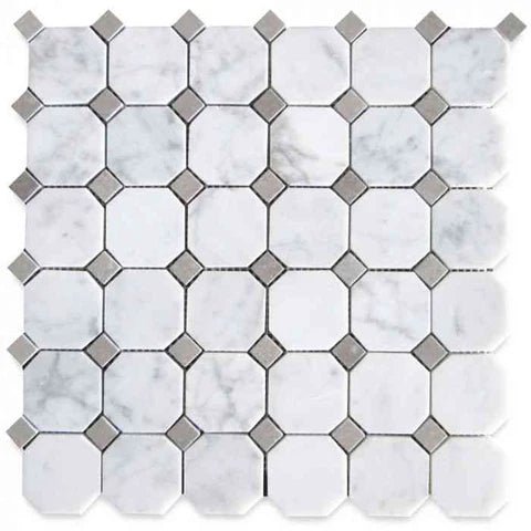 Carrara White Polished 50x50x10mm Octagon Dotted Mosaic Marble Tiles - Emperor Marble