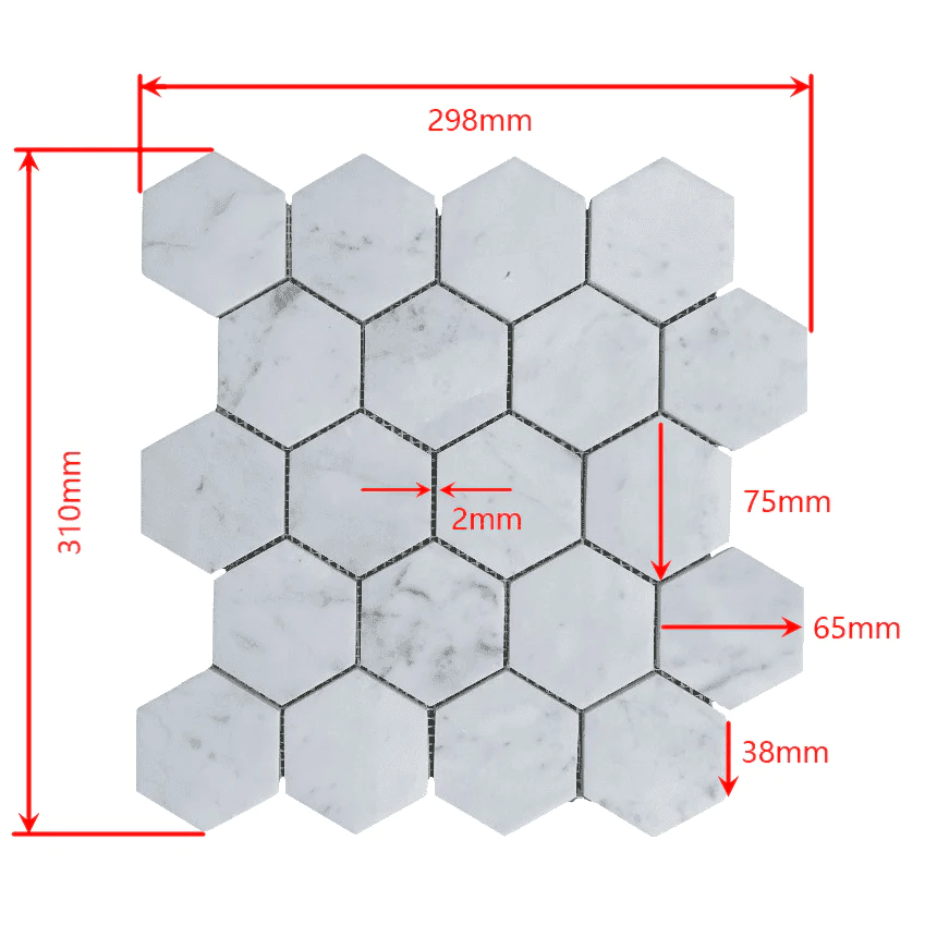 Carrara White Polished 75x75x10mm Hexagon Mosaic Marble Tiles - Emperor Marble