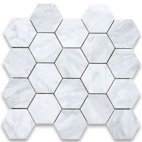 Carrara White Polished 75x75x10mm Hexagon Mosaic Marble Tiles - Emperor Marble