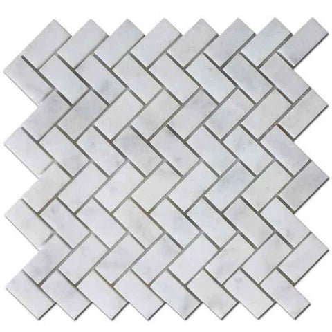 Carrara White Semi Polished 25x50x10mm Herringbone Mosaic Marble Tiles - Emperor Marble