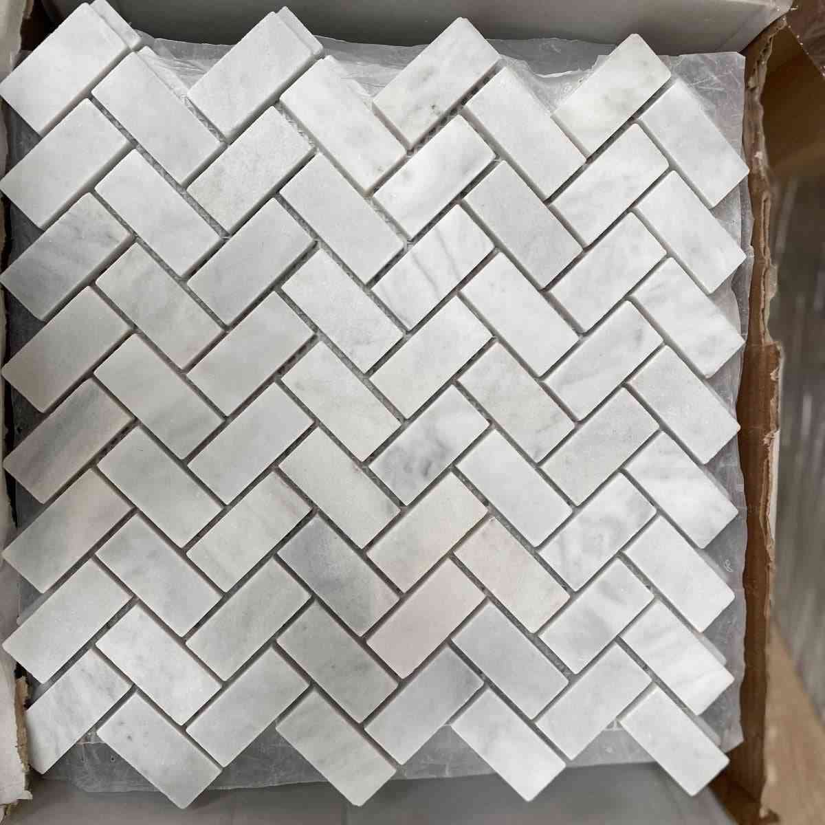 Carrara White Semi Polished 310x310x10mm Herringbone Mosaic Marble Tiles - Emperor Marble
