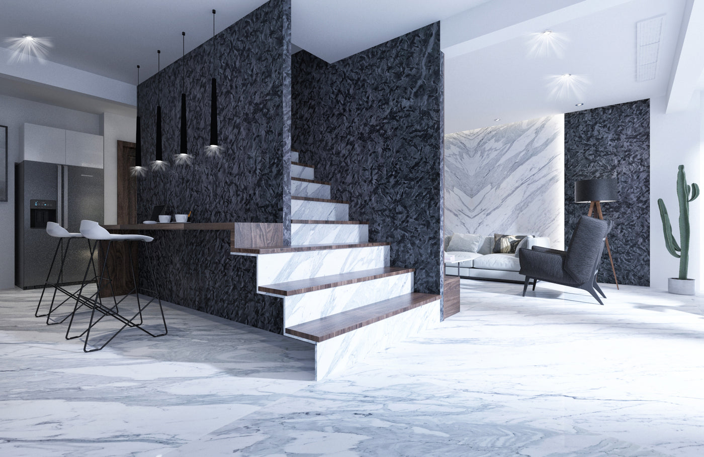 Dark natural stone slabs used in a contemporary interior