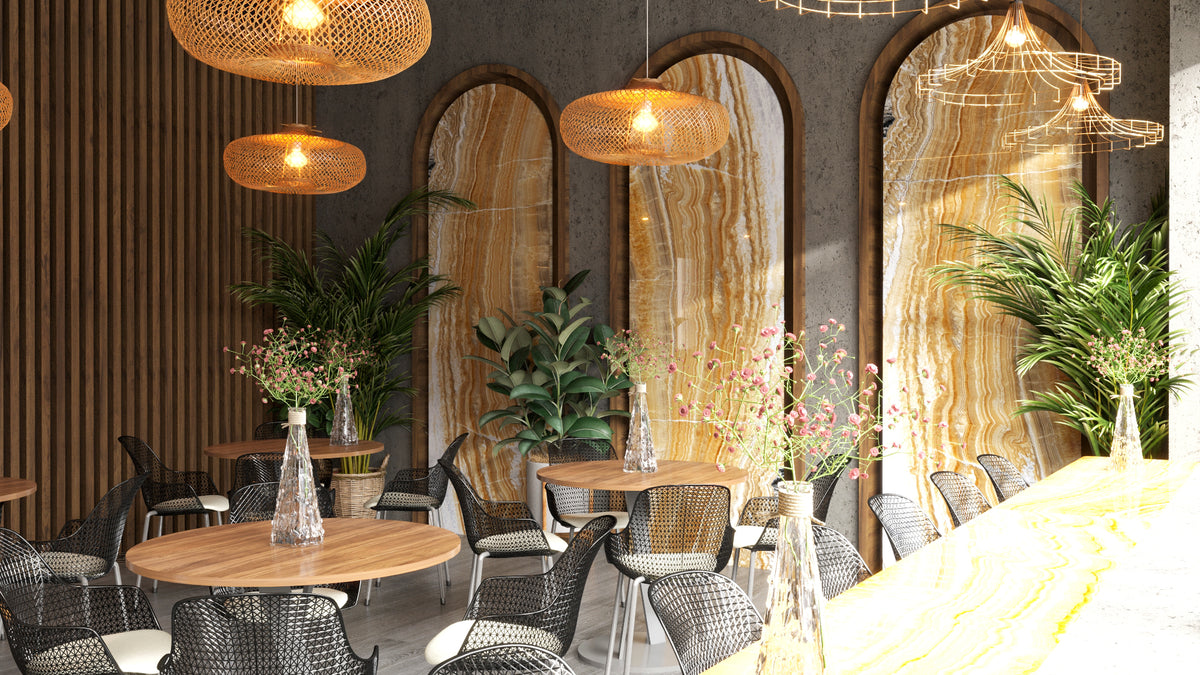 Backlit orange onyx panels in a hospitality interior