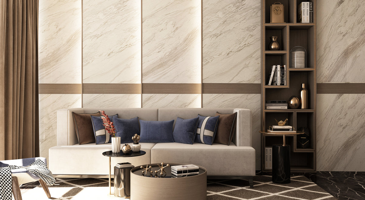 Large-format Volakas marble tiles in a living room