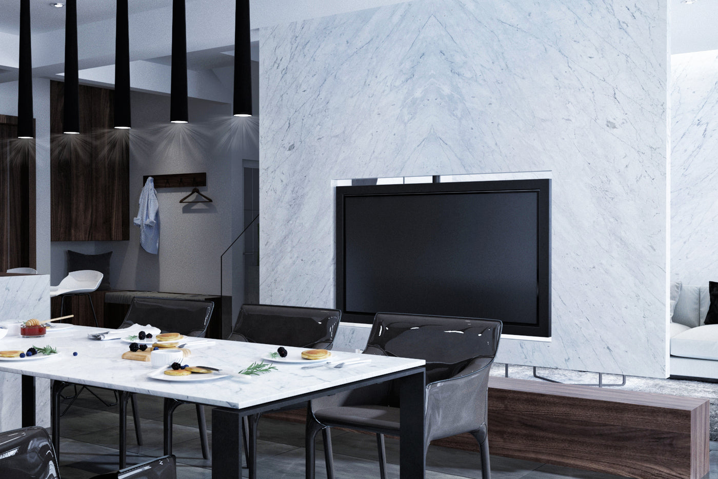 Bianco Carrara marble in a contemporary dining interior