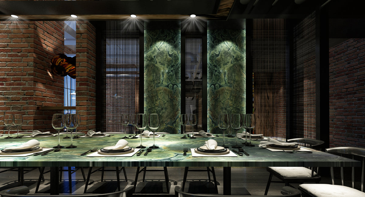 Explosion Green natural stone in a dining interior