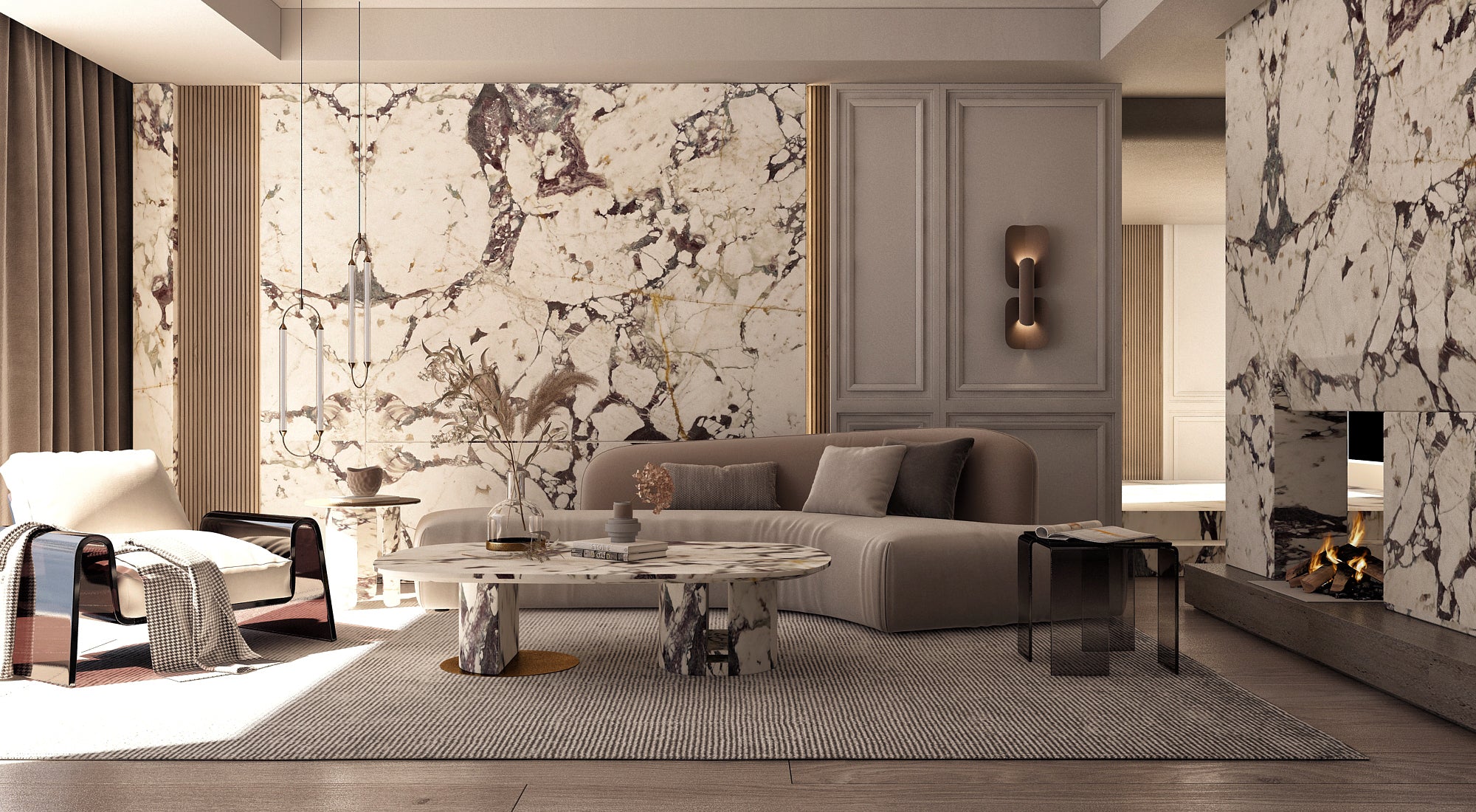 Calacatta Viola marble used across a considered living room interior