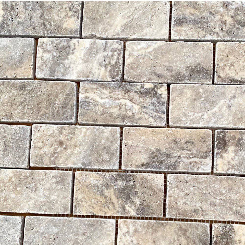 Tumbled Silver Romano Travertine Mosaic Tiles 50x100x10mm - Emperor Marble