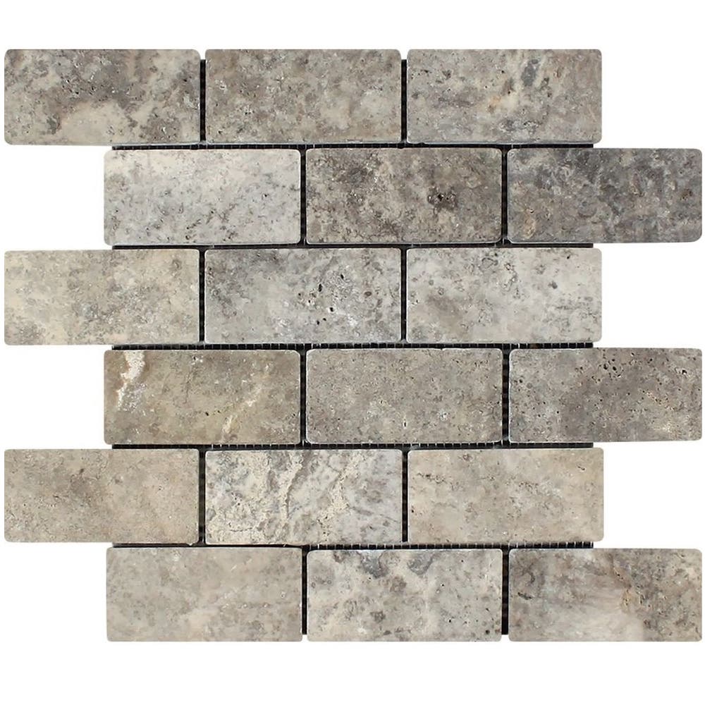 Tumbled Silver Romano Travertine Mosaic Tiles 50x100x10mm - Emperor Marble
